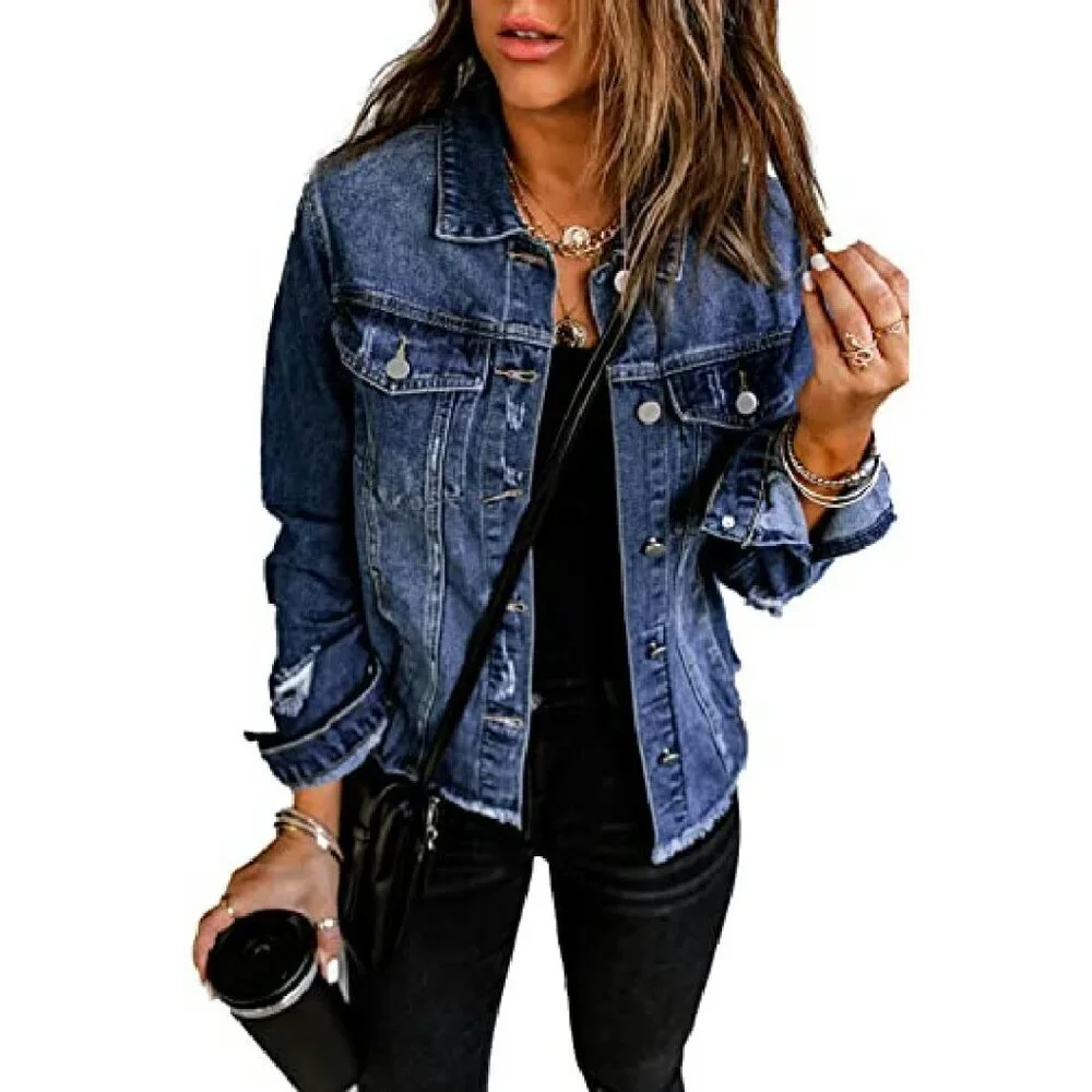 Distressed Denim Jacket Boyfriend Fit Cotton Blend Long Sleeve Button Up